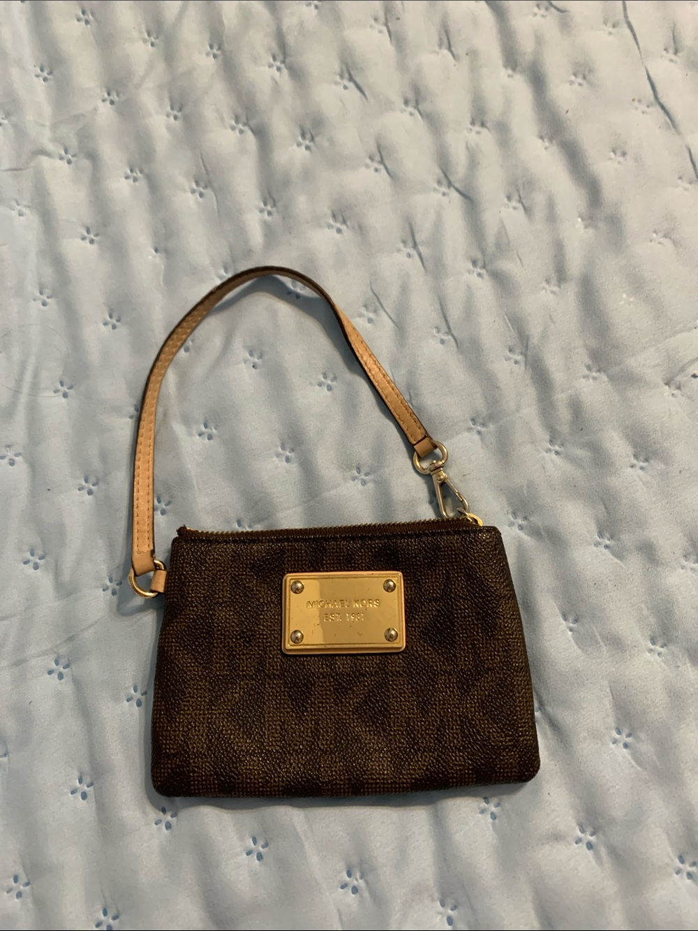 Michael Kors Brown Logo-Print Wristlet with Gold Plaque